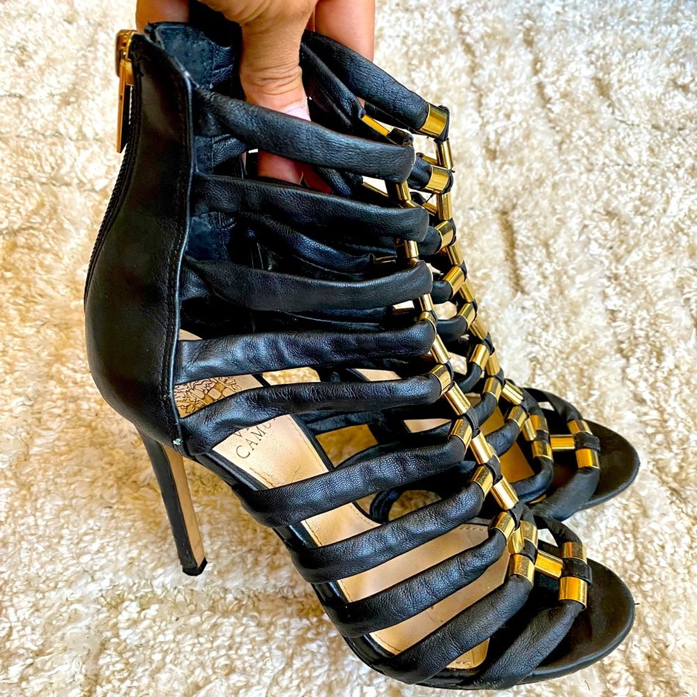 Vince Camuto Warrior Heels.  4 inch heel. Soft black leather.  Gold detail.
